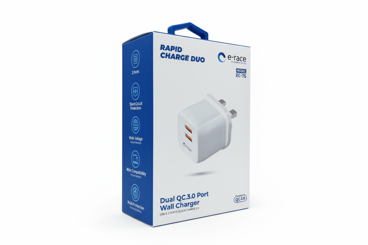 E Race Dual Qc 3 Port Charger With Lightning Cable